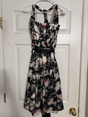 White House Black Market Black Silk Floral Halter Dress with Pink Accents